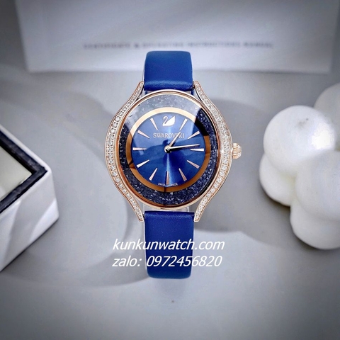 Đồng Hồ Nữ Swarovski Crystalline Aura  Đính Đá Dây Da Xanh Rose Gold 35mm