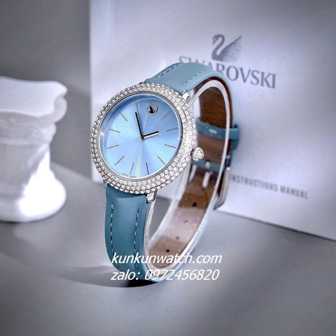 Đồng Hồ Nữ Swarovski Đính Đá Dây Da Xanh Silver 34mm