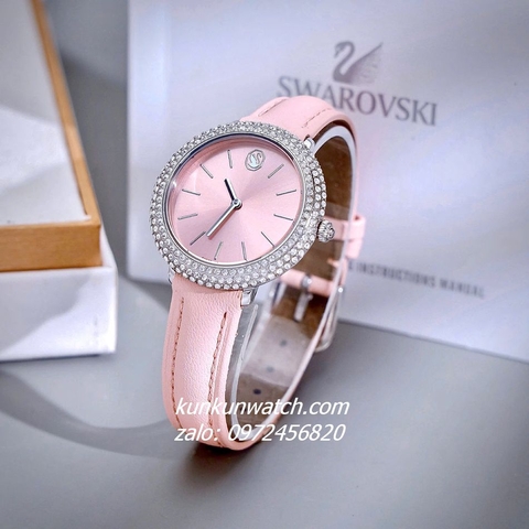 Đồng Hồ Nữ Swarovski Đính Đá Dây Da Hồng Silver 34mm