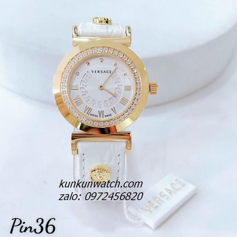 Đồng Hồ Nữ Versace Vanity Gold Đính Đá Dây Da Trắng 35mm