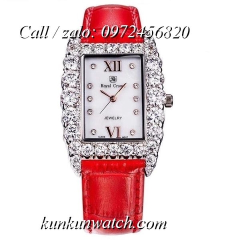 Đồng Hồ Nữ Royal Crown 6111 -  Dây Da Đỏ Tươi - 30mm x 34mm