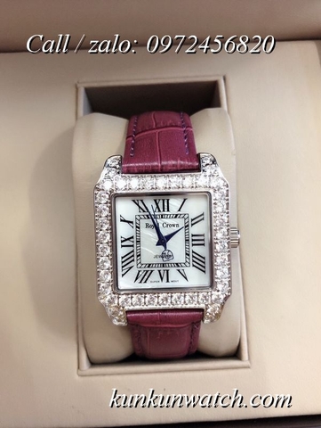 Đồng Hồ Nữ Royal Crown 6104 -  Dây Da Đỏ Tía - 34mm