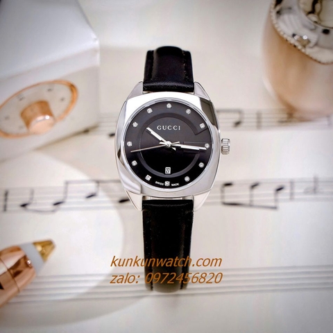 Đồng Hồ Nữ Gucci Diamond Silver Dây Da Đen 29mm