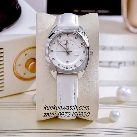 Đồng Hồ Nữ Gucci Diamond Silver Dây Da Trắng 29mm