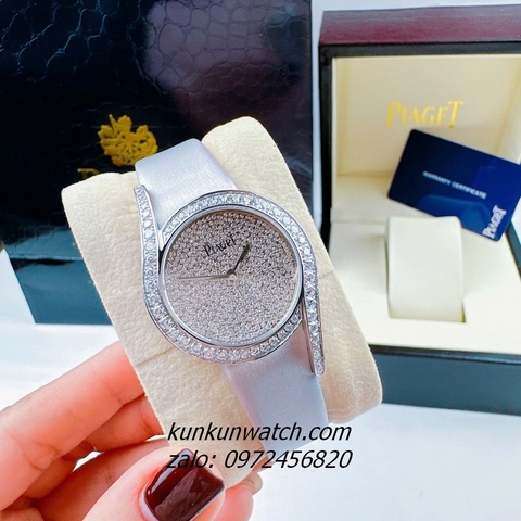 Đồng Hồ Nữ Piaget Limelight Gala Vỏ Silver Đính Full Đá, 2 Kim Dây Da Lụa Xám 32mm