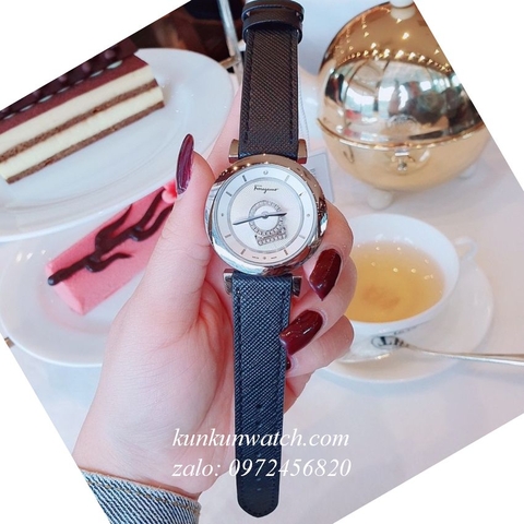 Đồng Hồ Nữ Salvatore Ferragamo Minuetto Nền Mặt Vân Dây Da Đen Mặt Trắng Silver 36mm