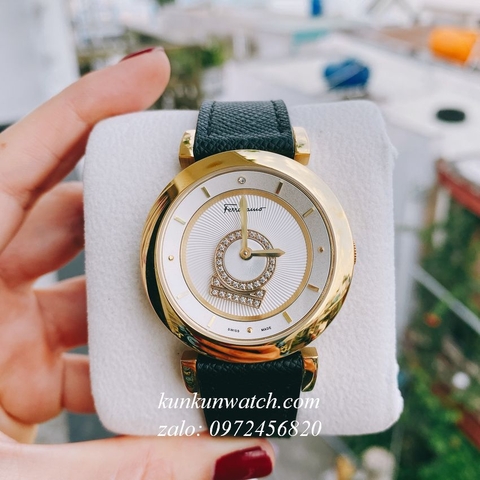Đồng Hồ Nữ Salvatore Ferragamo Minuetto Nền Mặt Vân Dây Da Đen Mặt Trắng Gold 36mm