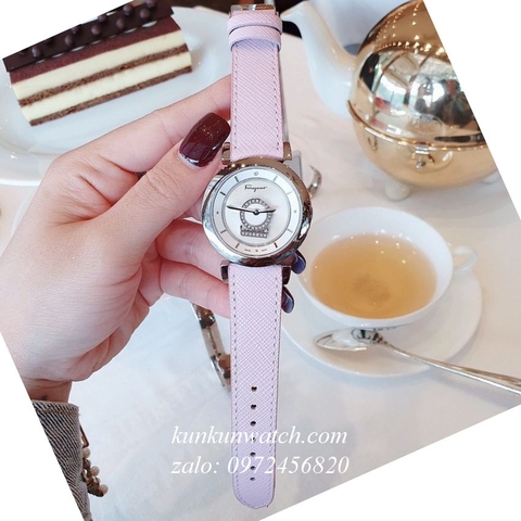 Đồng Hồ Nữ Salvatore Ferragamo Minuetto Nền Mặt Vân Dây Da Hồng Silver 36mm
