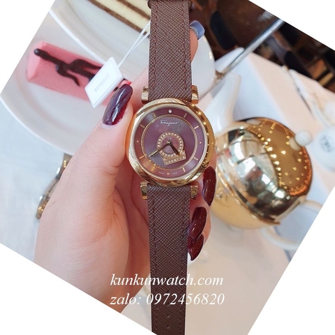Đồng Hồ Nữ Salvatore Ferragamo Minuetto Nền Mặt Vân Dây Da Nâu Gold 36mm