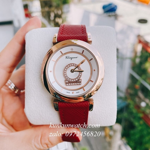 Đồng Hồ Nữ Salvatore Ferragamo Minuetto Nền Mặt Vân Dây Da Đỏ Rose Gold 36mm