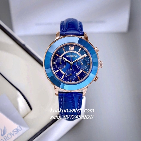 Đồng Hồ Nữ Swarovski Octea Lux Chrono Dây Da Xanh Dương Rose Gold 39mm