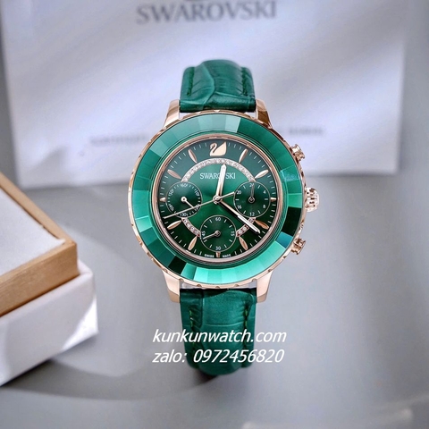 Đồng Hồ Nữ Swarovski Octea Lux Chrono Dây Da Xanh Lá Rose Gold 39mm