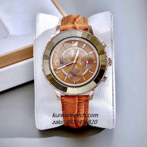 Đồng Hồ Nữ Swarovski Octea Lux Chrono Dây Da Nâu Rose Gold 39mm