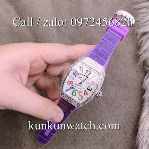 Đồng Hồ Nữ Franck Muller Vanguard V32 - Dây Da Tím ( Số Giờ Màu Sắc ) - 32 x 42mm