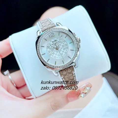 Đồng Hồ Nữ Coach Boyfriend Signature 14502416 Silver Dây Da Đính Đá 34mm