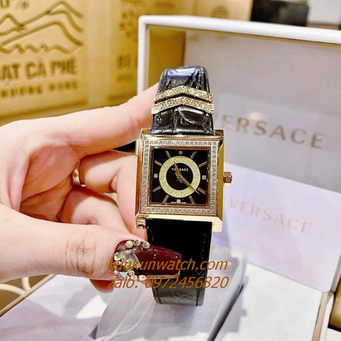 Đồng Hồ Nữ Versace DV-25 Mặt Vuông Đính Đá Dây Da Đen 30mm