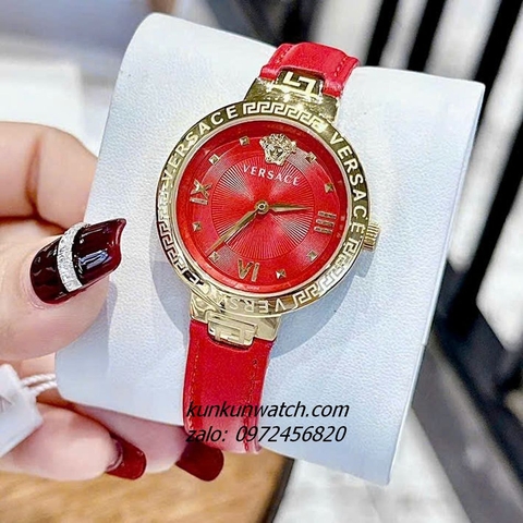 Đồng Hồ Nữ Versace Greca Strap Dây Da Đỏ Gold 36mm