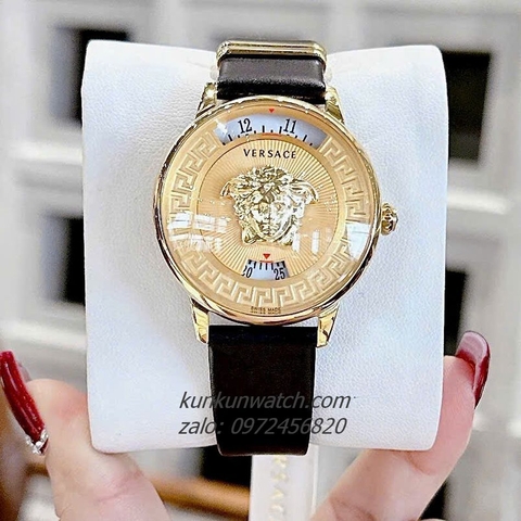 Đồng Hồ Nữ Versace Medusa Icon Dây Da Đen Gold Mặt Vàng 38mm
