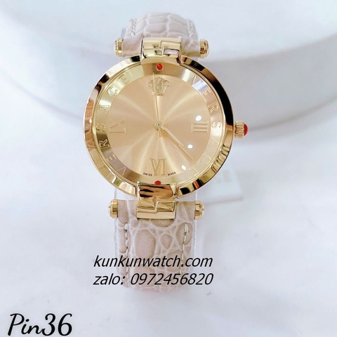Đồng Hồ Nữ Versace Revive Nền Mặt Gương Vàng Dây Da Xám 35mm