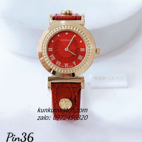 Đồng Hồ Nữ Versace Vanity Gold Dây Da Đỏ 35mm