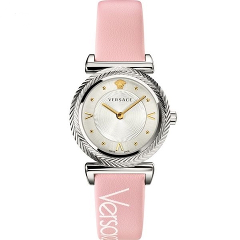 Đồng Hồ Nữ Versace V-Motif Vintage Logo - Dây Da Hồng Vỏ Bạc - 35mm