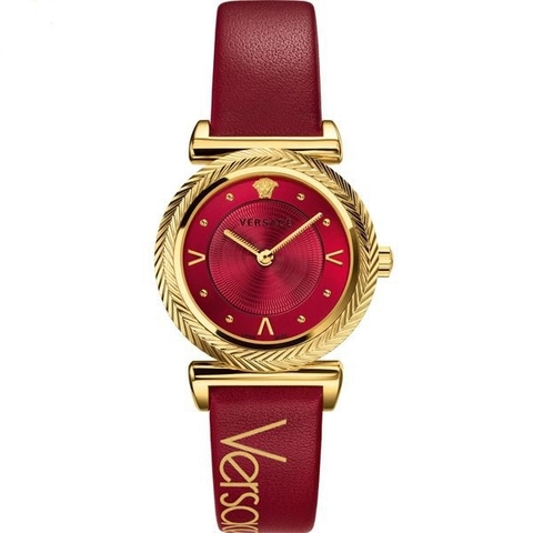 Đồng Hồ Nữ Versace V-Motif Vintage Logo - Dây Da Đỏ Vỏ Vàng - 35mm