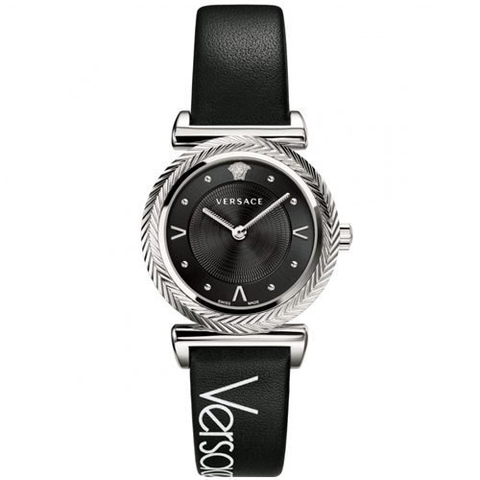 Đồng Hồ Nữ Versace V-Motif Vintage Logo - Dây Da Đen Mặt Đen Vỏ Bạc - 35mm