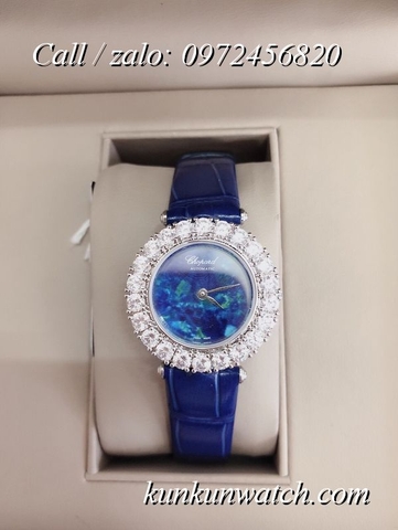 Đồng Hồ Nữ Chopard CPND067 Đính Hạt Chấu - Dây Da Xanh Dương Vỏ Bạc - 32mm