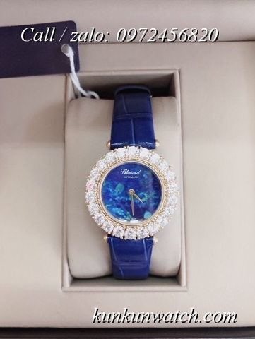 Đồng Hồ Nữ Chopard CPND068 Đính Hạt Chấu - Dây Da Xanh Dương Vỏ Vàng - 32mm