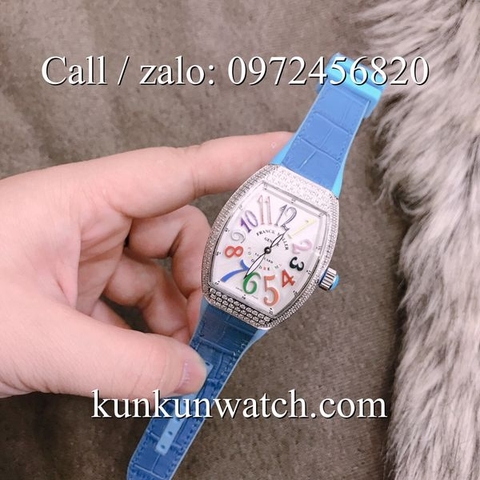 Đồng Hồ Nữ Franck Muller Vanguard V32 - Dây Da Xanh ( Số Giờ Màu Sắc ) - 32 x 42mm