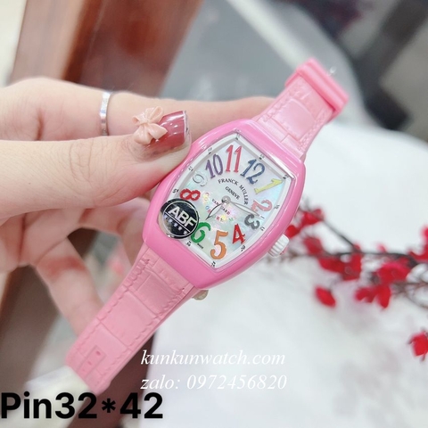 Đồng Hồ Nữ Franck Muller V32 - ABF Vỏ Đá 2 Kim - Dây Hồng Điểm Giờ Sắc Màu - 32 x 42mm