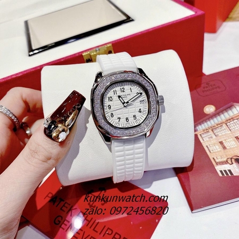 Đồng Hồ Nữ Patek Philippe Nautilus Đính Đá Silver Dây Silicone Trắng 36mm
