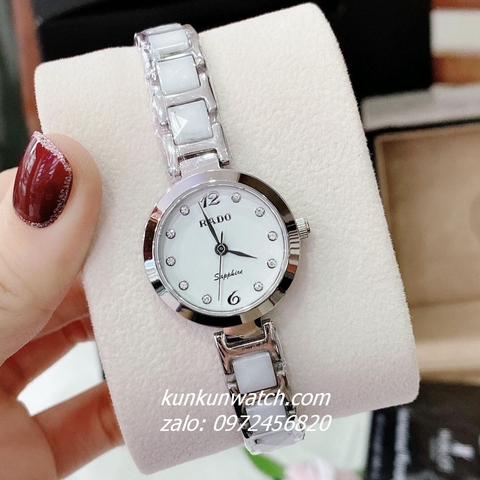 Đồng Hồ Nữ Rado Điểm Số 2 Mốc Giờ Dây Đá Ceramic Trắng Vỏ Bạc 26mm
