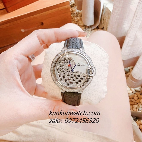 Đồng Hồ Nữ Cartier Jaguar Đính Đá Họa Tiết Báo Đốm Dây Da Đen Silver 36mm