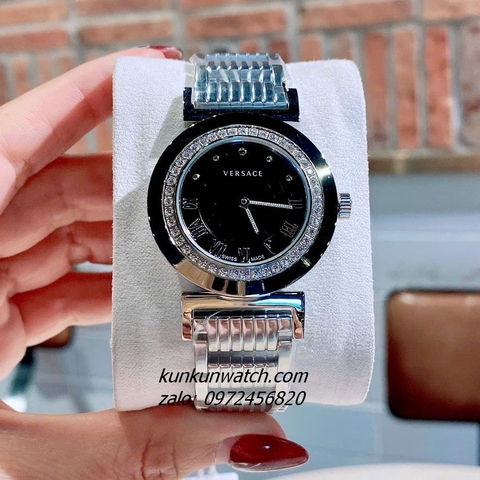 Đồng Hồ Nữ Versace Vanity Silver Đính Đá Mặt Đen 35mm