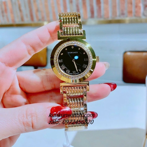 Đồng Hồ Nữ Versace Vanity Gold Đính Đá Mặt Đen 35mm
