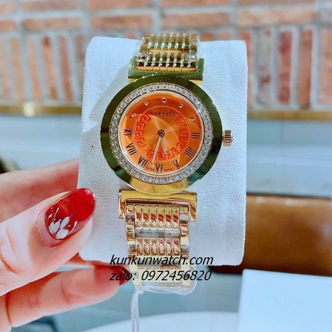 Đồng Hồ Nữ Versace Vanity Gold Đính Đá Mặt Cam 35mm
