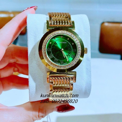 Đồng Hồ Nữ Versace Vanity Gold Đính Đá Mặt Xanh 35mm