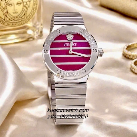 Đồng Hồ Nữ Versace Greca Logo Pearl Silver Mặt Đỏ Tía 33mm