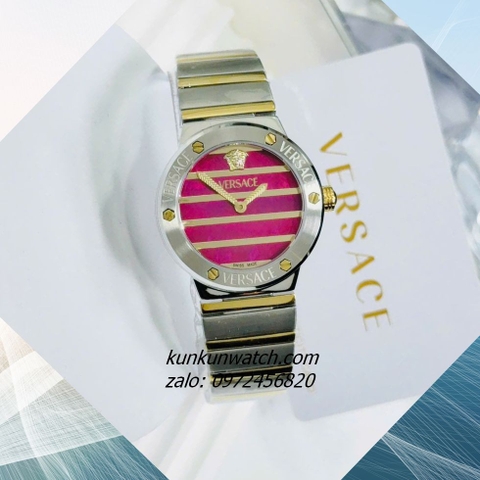 Đồng Hồ Nữ Versace Greca Logo Pearl Demi Gold Mặt Đỏ Tía 33mm