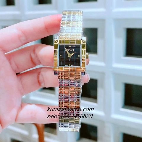 Đồng Hồ Nữ Versace Mosaic Quartz Demi Đen Gold Mặt Vuông 22mm