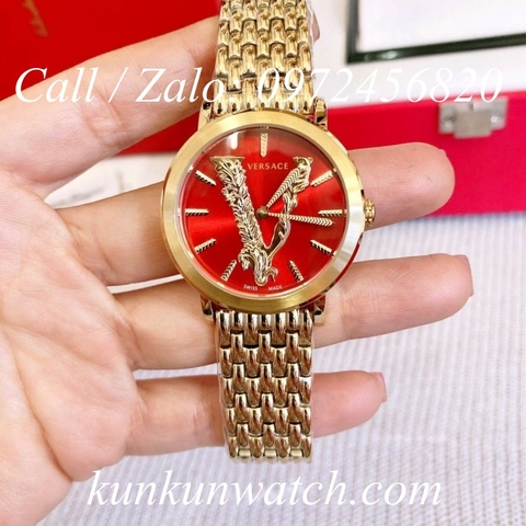 Đồng Hồ Nữ Versace Virtus Họa Tiết Chữ V Vàng Mặt Đỏ - 36mm