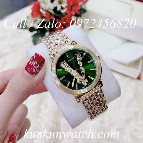 Đồng Hồ Nữ Versace Virtus Họa Tiết Chữ V Vàng Mặt Xanh Mộc - 36mm