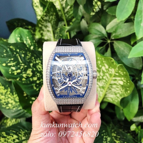 Đồng Hồ Nam Franck Muller Geneve V45 Automatic Lộ Cơ Đính Full Đá Dây Đen Silver 45mm x 54mm