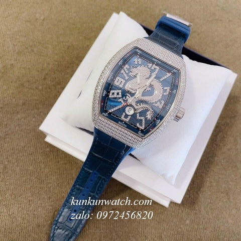 Đồng Hồ Nam Franck Muller Geneve V45 Automatic Họa Tiết Rồng Dây Xanh 45mm x 54mm