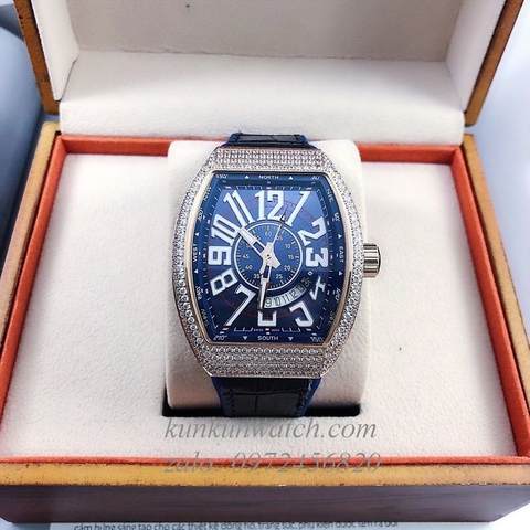 Đồng Hồ Nam Franck Muller Geneve V45 Automatic Mặt Viền Đá Lịch Ngày Phá Cách Dây Xanh 45mm x 54mm