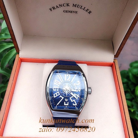 Đồng Hồ Nam Franck Muller Geneve V45 Automatic Tâm Họa Tiết Tia Tròn Dây Xanh Silver 45mm x 54mm