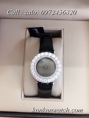 Đồng Hồ Nữ Chopard CPND064 Đính Hạt Chấu - Dây Da Đen Mặt Đen Vỏ Bạc - 32mm
