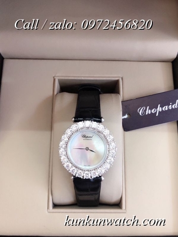 Đồng Hồ Nữ Chopard CPND063 Đính Hạt Chấu - Dây Da Đen Mặt Trắng Vỏ Bạc - 32mm