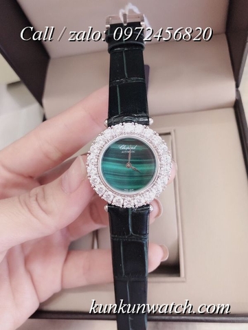 Đồng Hồ Nữ Chopard CPND066 Đính Hạt Chấu - Dây Da Đen Mặt Xanh Lá Vỏ Bạc - 32mm